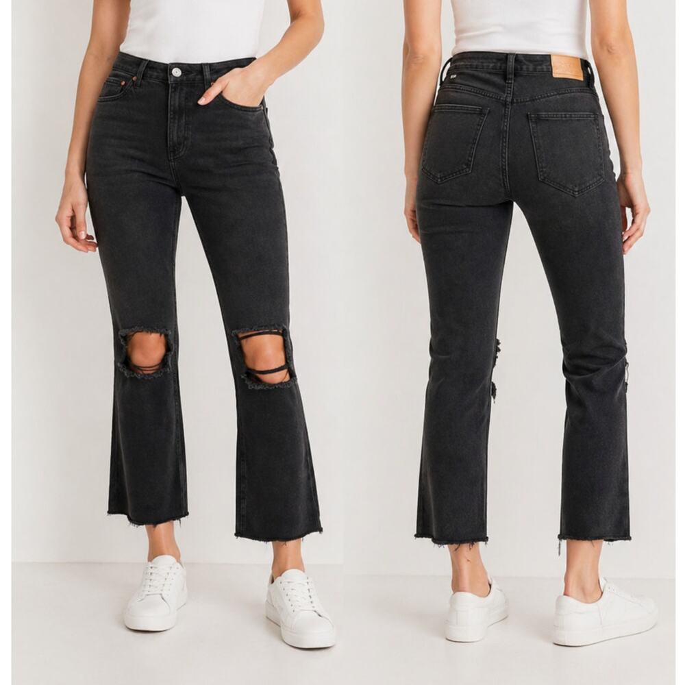 Avec Les Filles Black Distressed Jeans Frayed Hem Size 29 NWT